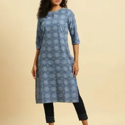 W Blue Cotton Printed Straight Kurta-picture-48