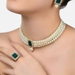 Zaveri Pearls Green Stones Multistrand Pearls Choker Necklace Earring & Ring Set-ZPFK10845-image-69