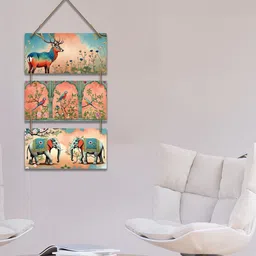 ArtVibes Blue & Orange Deer Birds & Elephants Aesthetic Modern Wall Decor image 2
