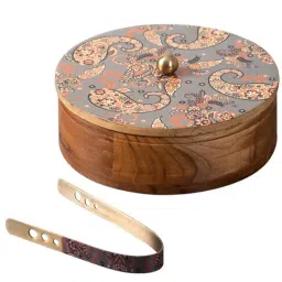 Nestroots Grey Wooden Casserole Box Chapati Box Food Warmer Hotpot Roti Box with Printed lid Tong image 4