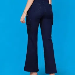 Miss Chase Navy Blue Wide Leg High Rise Clean Look Regular Stretchable Cargo Denim Jeans image 2