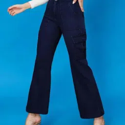 Miss Chase Navy Blue Wide Leg High Rise Clean Look Regular Stretchable Cargo Denim Jeans image 4