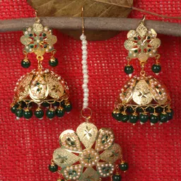 JEWELS GEHNA Gold-Plated White & Green Pearl Beaded Jewellery Set-picture-36