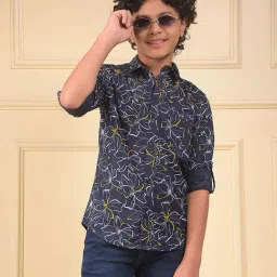 Crimsoune Club Boys Blue Slim Fit Floral Print Shirt-picture-29