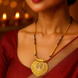 Digital Dress Room Gold Plated Long Mangalsutra Designs Leaf Shape Pendant Black Beads Chain-image-22