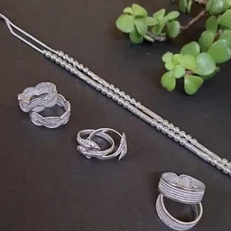 rapid Alloy Metal Toe Ring/Band & Anklet Combo for Women, Payal and Bichiya Combo, Silver Polish image 2