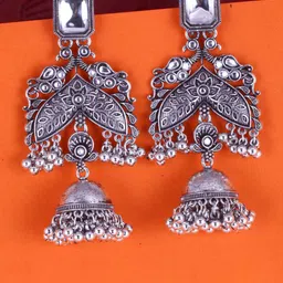 Sangria Silver-Plated Kundan-Studded Oxidised Drop Earrings-picture-37