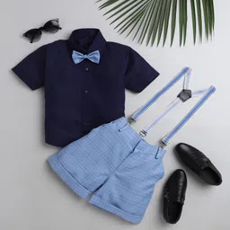 Jeet Ethnics Half Sleeves Solid Suspender Shirt With Checked Shorts With Bow - Blue-picture-13