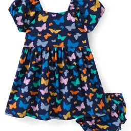 Babyhug Single Jersey Knit Half Sleeves Butterfly Printed Frock with Bloomer - Navy Blue-picture-26