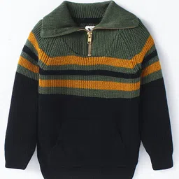 Yellow Apple Knitted Full Raglan Sleeves Striped Collared Pullover Sweater - Black-image-67
