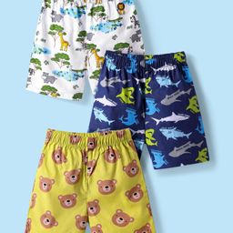 Babyhug Poplin Woven Above Knee Length Boxers With Animal & Sea Life Print Pack Of 3 - Yellow White & Navy Blue-picture-48