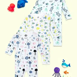 The Mom Store Cotton Pack Of 3 Full Sleeves Sea Life Printed Rompers - White-picture-28