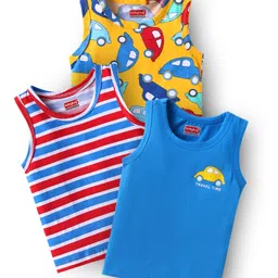 Babyhug Single Jersey Knit Sleeveless Antibacterial Sandos With Striped & Vehicle Print Pack Of 3 - Yellow Blue & Red-picture-25