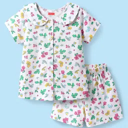 Babyhug Cotton Knit Half Sleeves Co-ords Peter Pan Collared Front Open Shorts Night Suit with Tropical Theme Print - White-picture-17