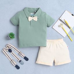 BUMZEE Cotton Half Sleeves Attached Bow Detailed Polo Tee With Shorts & Suspender Set - Green & Beige-picture-33