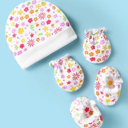 Ben Benny 100% Cotton Interlock Knit Cap Mittens & Booties Set With Floral Print White - Diameter 10 cm-picture-26
