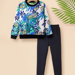 Tiara Fleece Knit Full Sleeves Floral Printed Sweatshirt & Leggings Set - Blue-picture-10