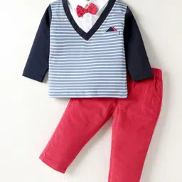 ToffyHouse Interlock Knit Full Sleeves Striped T-Shirt & Lounge Pant Set with Bow Applique - Red-picture-16