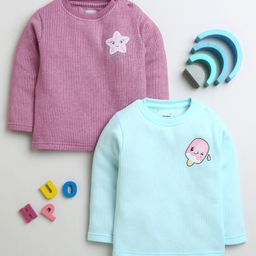 BUMZEE Cotton Knit Full Sleeves Jhablas With Stripes & Star Fish Print Pack Of 2 - Aqua & Lilac-picture-43