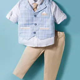 ToffyHouse Cotton Knit Full Sleeves Checks 3 Piece Party Suit With Tie - Tan & Light Blue-image-48