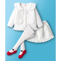 ToffyHouse Cotton Woven Full Sleeves Solid Party Top & Skirt Set With Leggings - White-picture-25