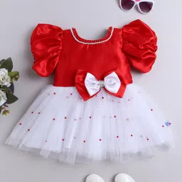 Many frocks & Satin Woven Balloon Sleeves Bow And Pearl Embellished Dress - Red & White-image-14