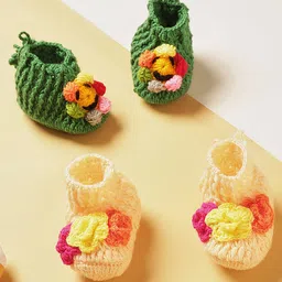 MayRa Knits Handknitted Pack Of 2 Floral Applique Detailed Booties - Cream & Green-image-9