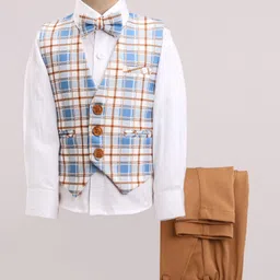 Robo Fry Cotton Lycra Full Sleeves Checked Party Suits - Blue & Brown image 2