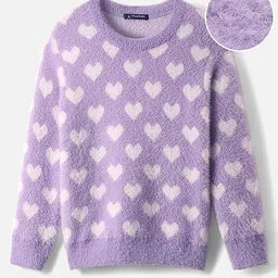 Pine Kids Knitted Full Sleeves Pullover Sweater With Heart Design - Purple image 2