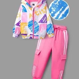 OLLINGTON ST. Cotton Knit Full Sleeves Text Printed Hooded Sweatshirts & Joggers Set - Multicolor & Pink image 2