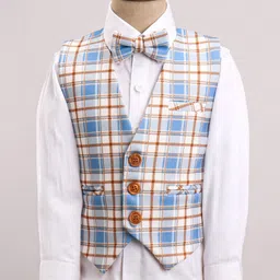 Robo Fry Cotton Lycra Full Sleeves Checked Party Suits - Blue & Brown image 3