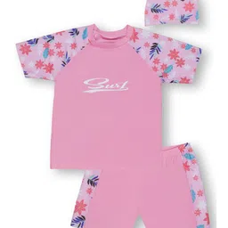 PASSION PETALS Lycra Half Sleeves Floral & Surf Text Printed Coordinating Swimsuit Set - Pink image 4
