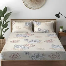 WEAVE AND DECOR Beige Floral Microfiber 300TC Fitted Double Queen Bedsheet Set-1.82mx1.82m-picture-15