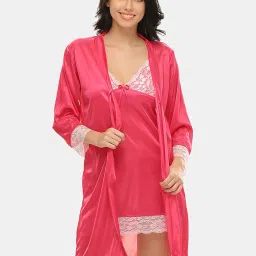 Clovia Pink Lace Babydoll With Robe image 1