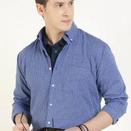 Hancock Blue & White Cotton Slim Fit Checked Shirt-image-97