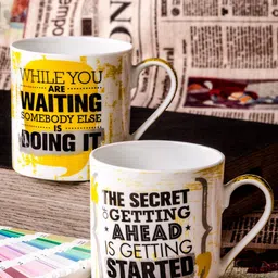 GOODHOMES Set Of 2 White & Yellow Printed Bone China Mugs-picture-21