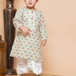 AJ Dezines Kids Light Yellow & White Floral Print Full Sleeves Kurta with Dhoti image 1