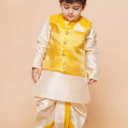 AJ Dezines Kids Beige & Yellow Self Design Full Sleeves Kurta, Dhoti with Waistcoat image 1
