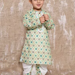 AJ Dezines Kids Mint Green Floral Print Full Sleeves Kurta with Dhoti image 1