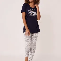 La Vie En Rose Navy & White Cotton Printed Top & Pyjama Set image 1
