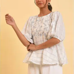 W Off-White Cotton Chequered Top image 1