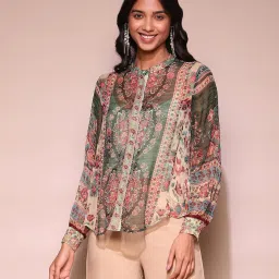 Label Ritu Kumar Green Printed Shirt With Inner image 1