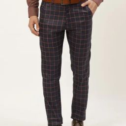 Sojanya Navy Cotton Regular Slim Fit Checks Flat Front Trousers-picture-13