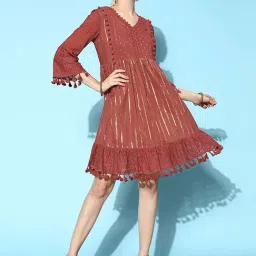 Ishin Maroon Cotton Self Pattern A-Line Dress-picture-46