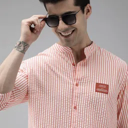 THE BEAR HOUSE Ardor Edition Men Peach-Coloured Slim Fit Pinstripes Cotton Casual Shirt-image-32