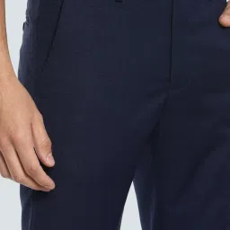 Louis Philippe Navy Slim Fit Checks Flat Front Trousers image 4