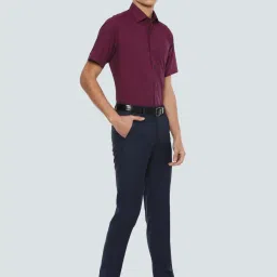 Louis Philippe Navy Slim Fit Checks Flat Front Trousers image 5