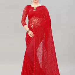 Satrani Red Embellished Saree With Unstitched Blouse image 1