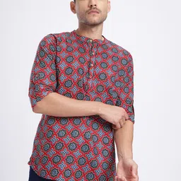 Anouk Rustic Ethnic Motifs Pure Cotton Band Collar Roll-Up Sleeves Straight Kurta image 2