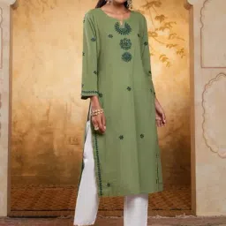 house of chikankari Cotton Chikankari Solid Women's Long Kurta - Green-picture-12